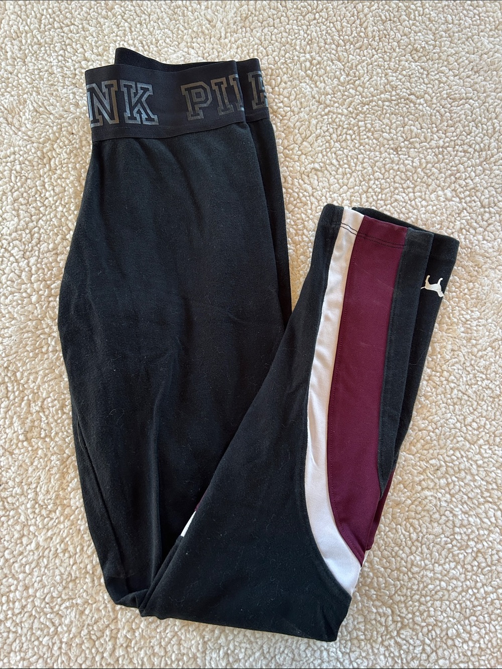 PINK Victoria's Secret Black Leggings with Burgundy and White Side Stripes